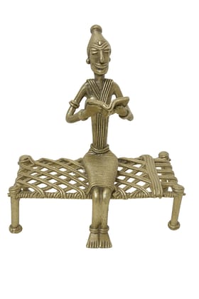 Brass Tribal Reader Figurine on Woven Bench – Miniature Home Decor Accent