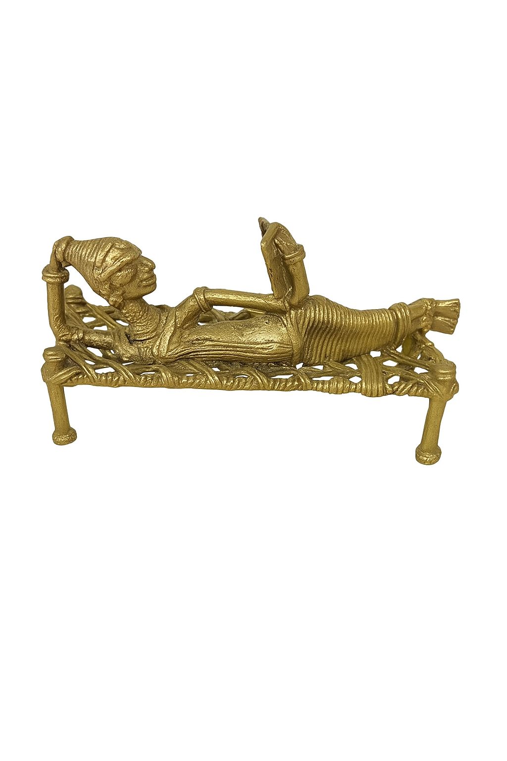 Reclining Tribal Brass Figurine on Woven Cot – Miniature Showpiece.