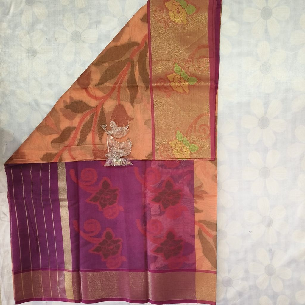 Poochampally Cotton Saree With Blouse - Peach Orange