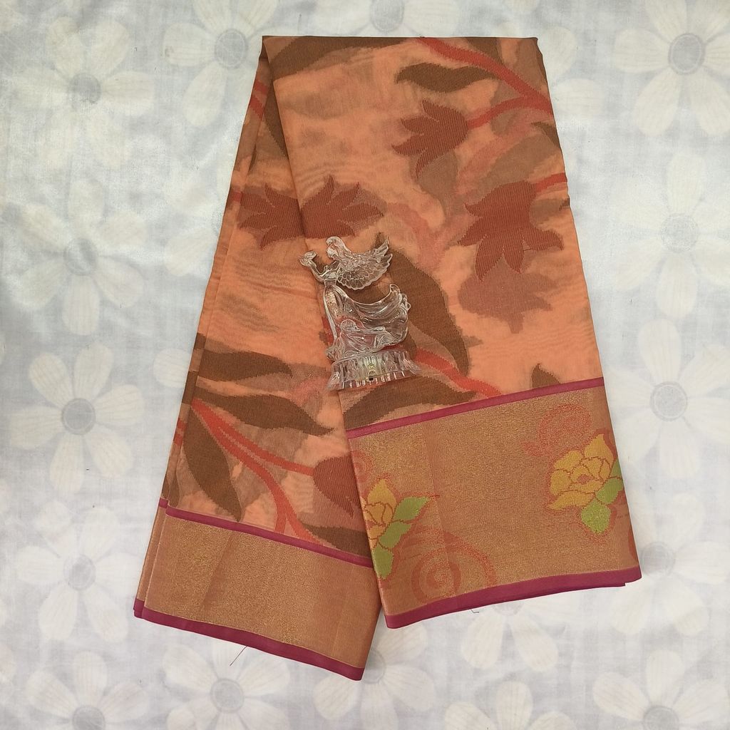 Poochampally Cotton Saree With Blouse - Peach Orange