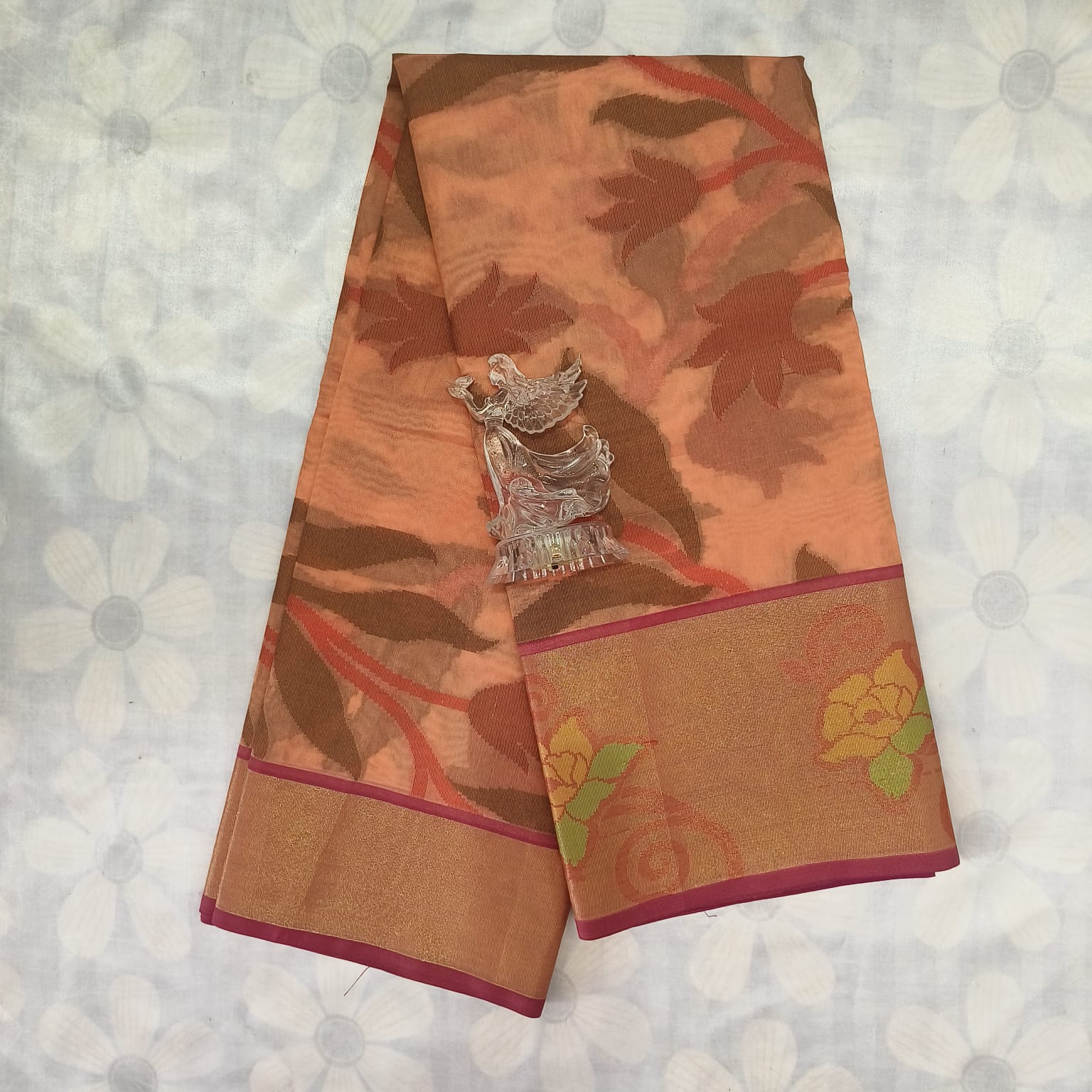 Poochampally Cotton Saree With Blouse - Peach Orange