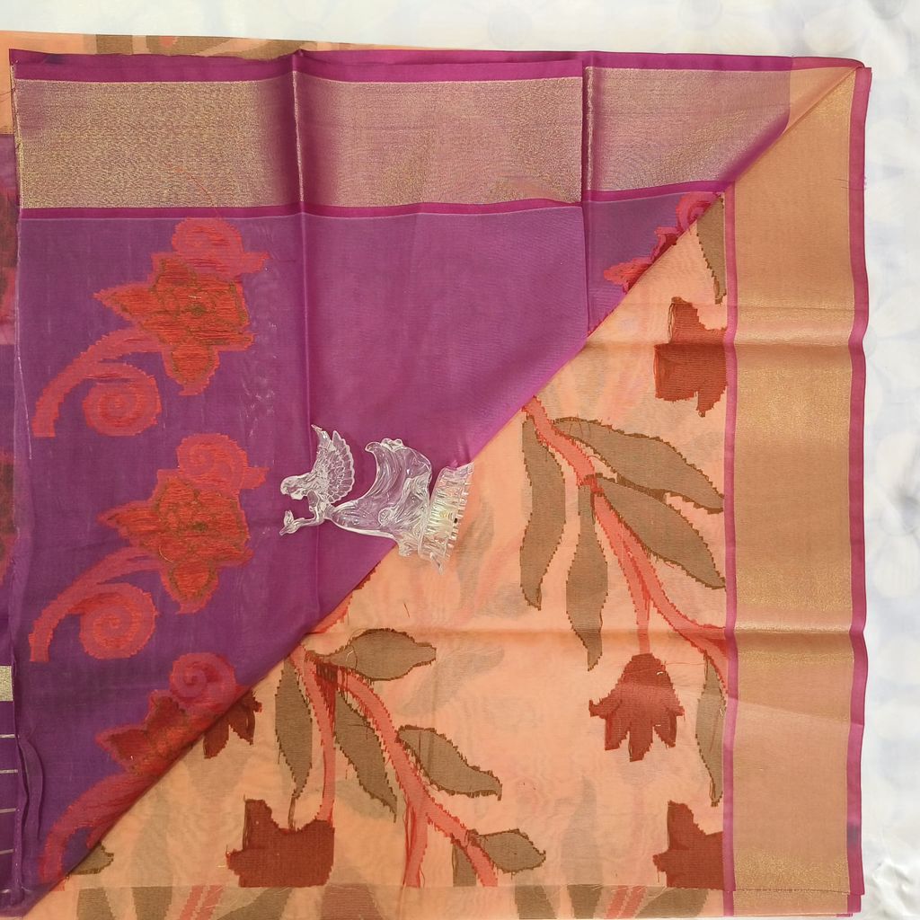 Poochampally Cotton Saree With Blouse - Peach Orange