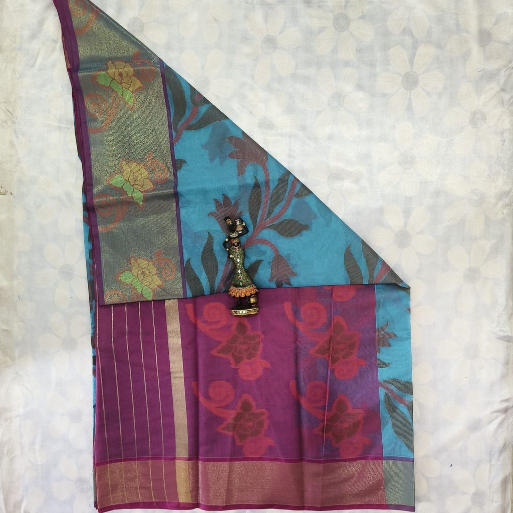 Poochampally Cotton Saree With Blouse - Sky Blue