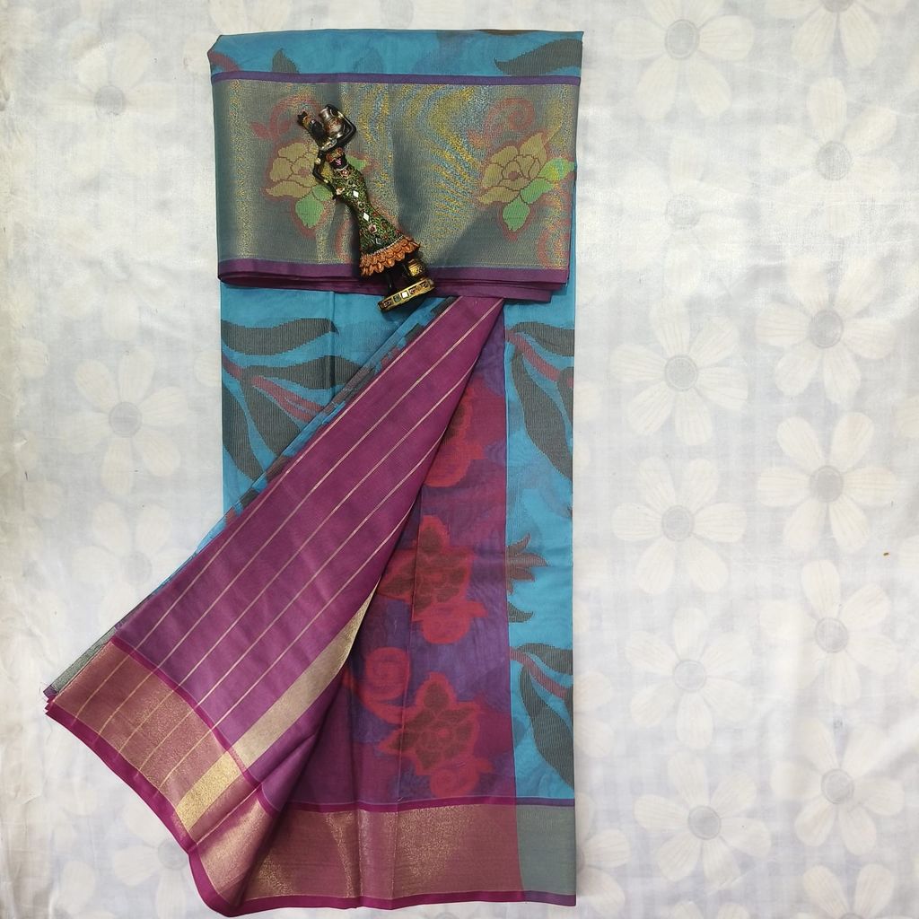 Poochampally Cotton Saree With Blouse - Sky Blue