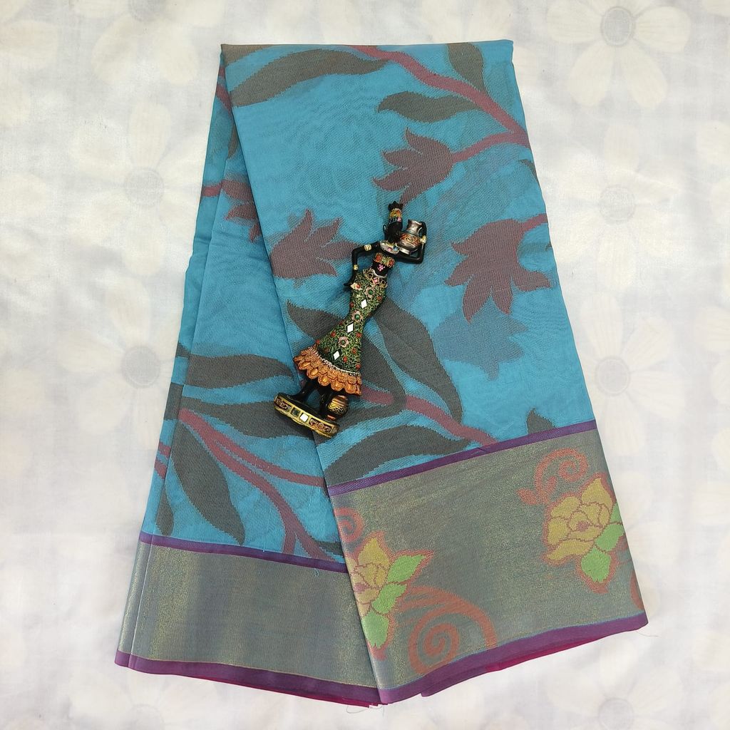 Poochampally Cotton Saree With Blouse - Sky Blue