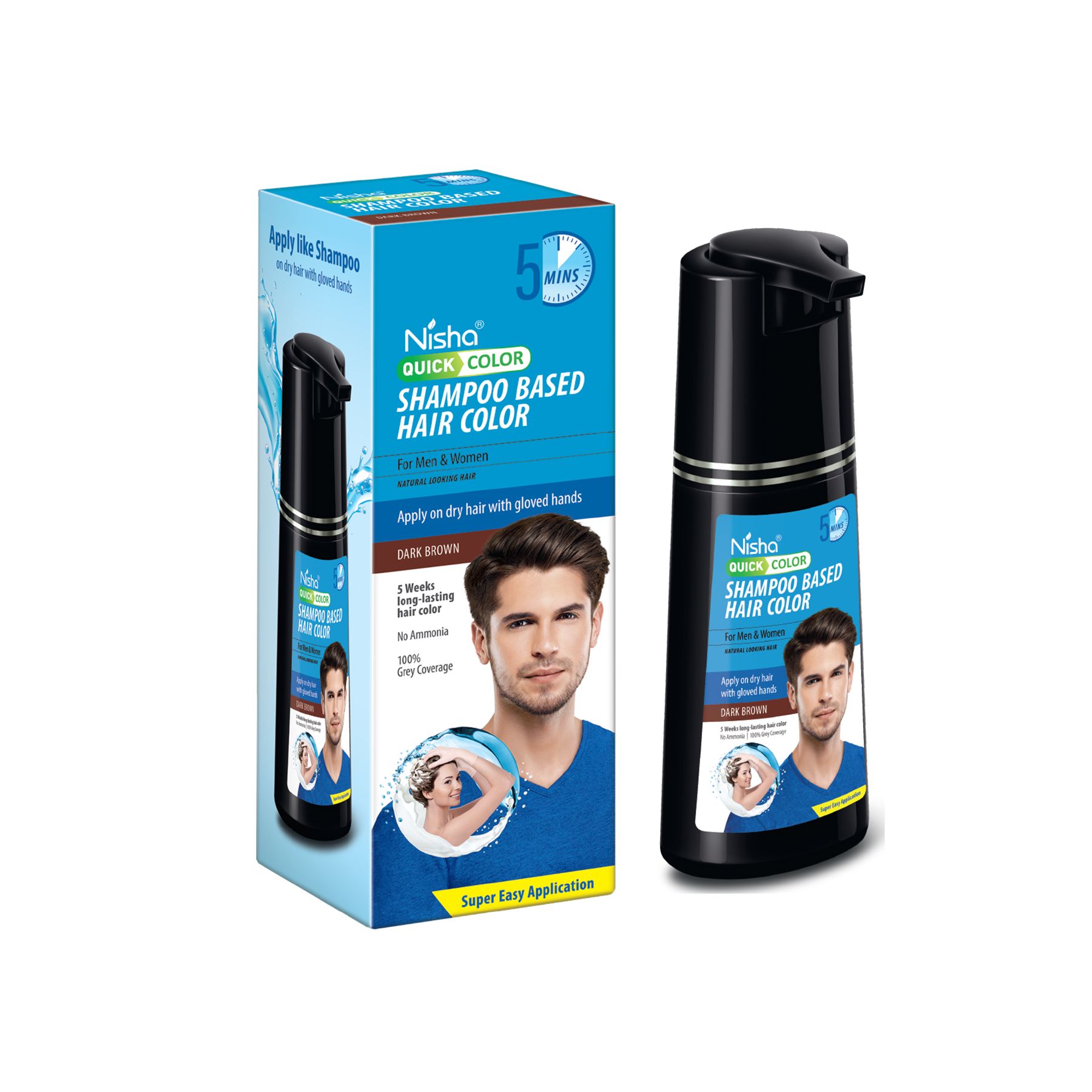 Nisha Quick Hair Color, 5 Minutes Shampoo Hair Colour Dark Brown 180ml, 5 Weeks Long Lasting Hair Colour Shampoo