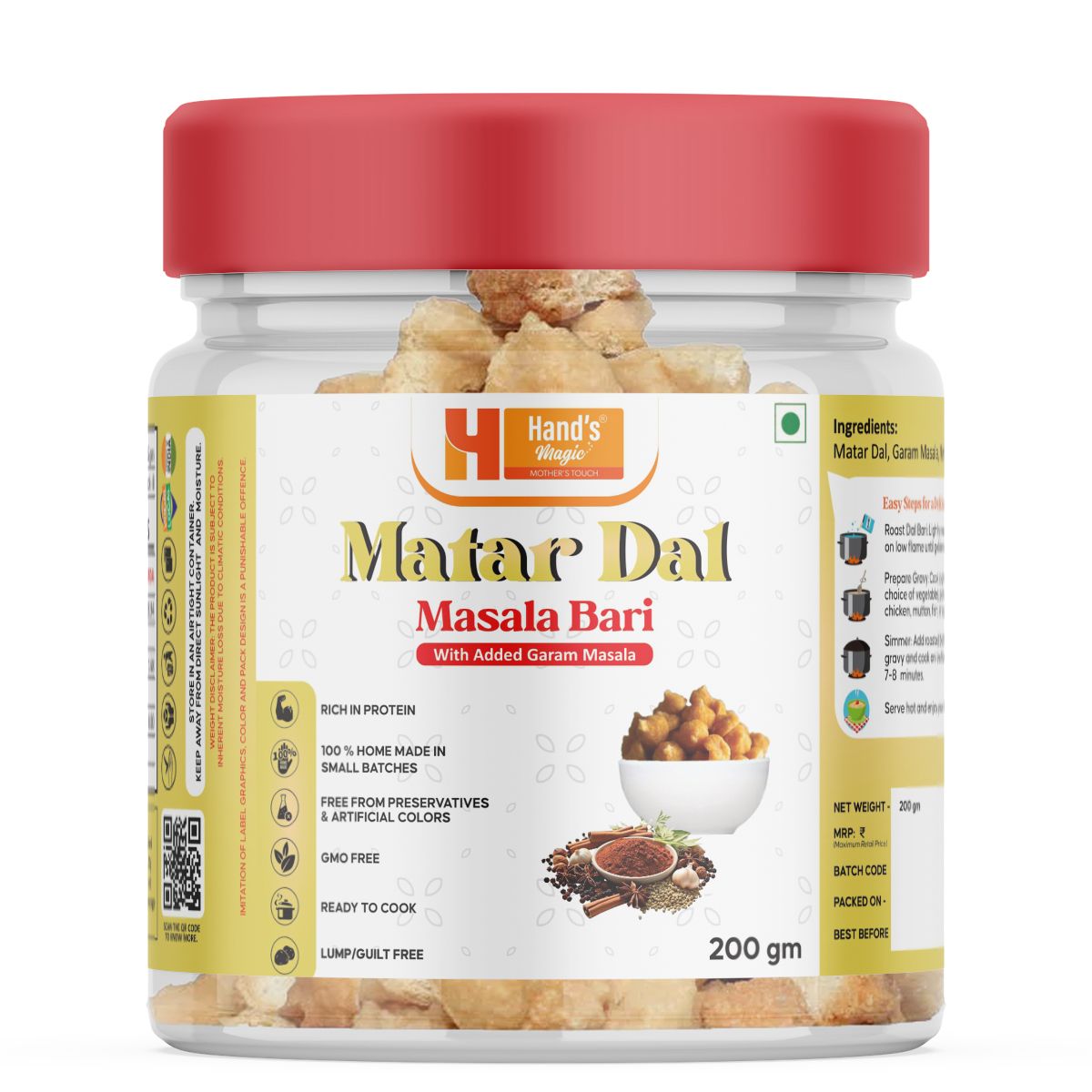 Hand’s Magic Matar Dal Garam Masala- Masala Bari | High Protein | Ready to Cook | 100% Homemade | No Preservatives | Natural & Healthy | 200g