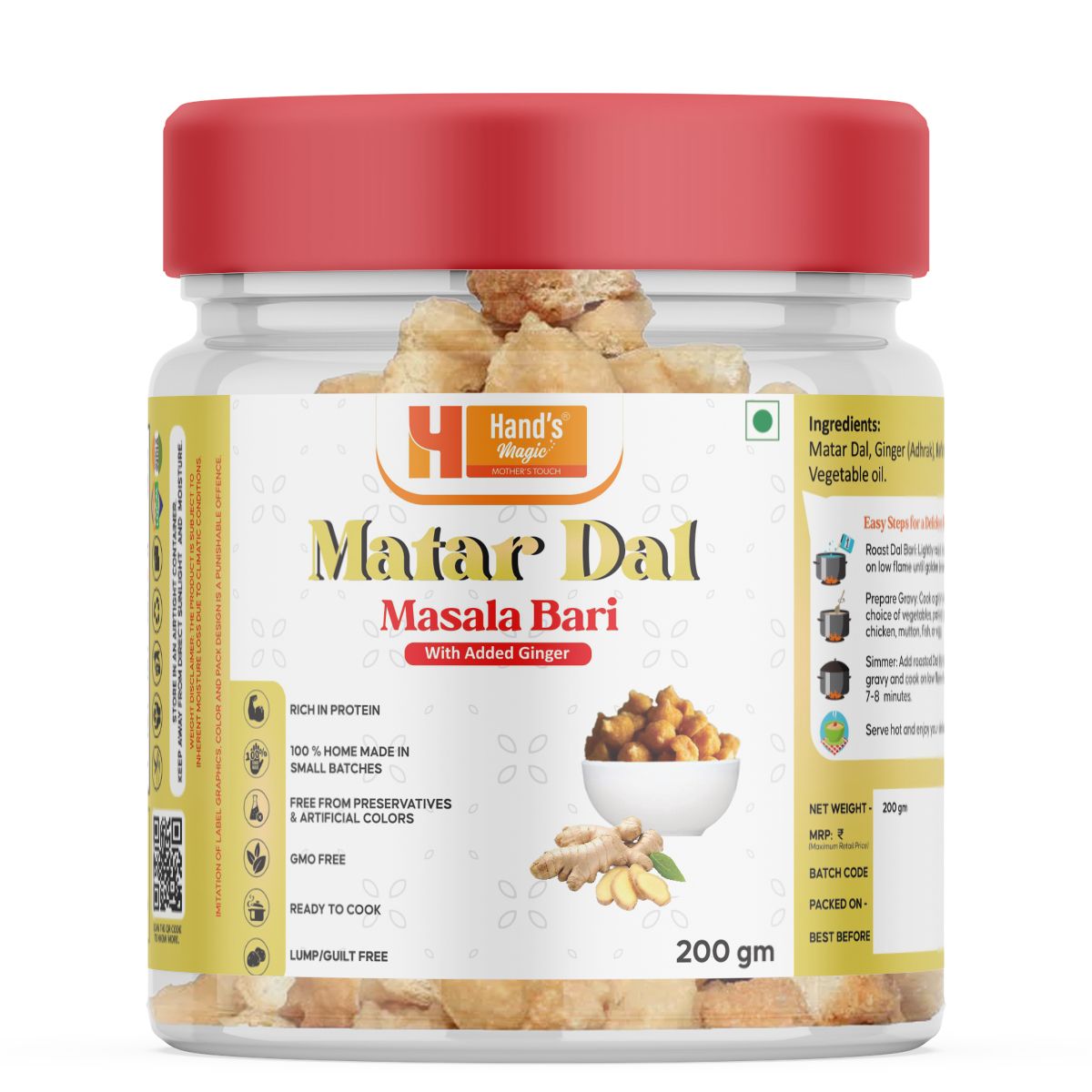 Hand’s Magic Matar Dal Ginger- Masala Bari | High Protein | Ready to Cook | 100% Homemade | No Preservatives | Natural & Healthy | 200g