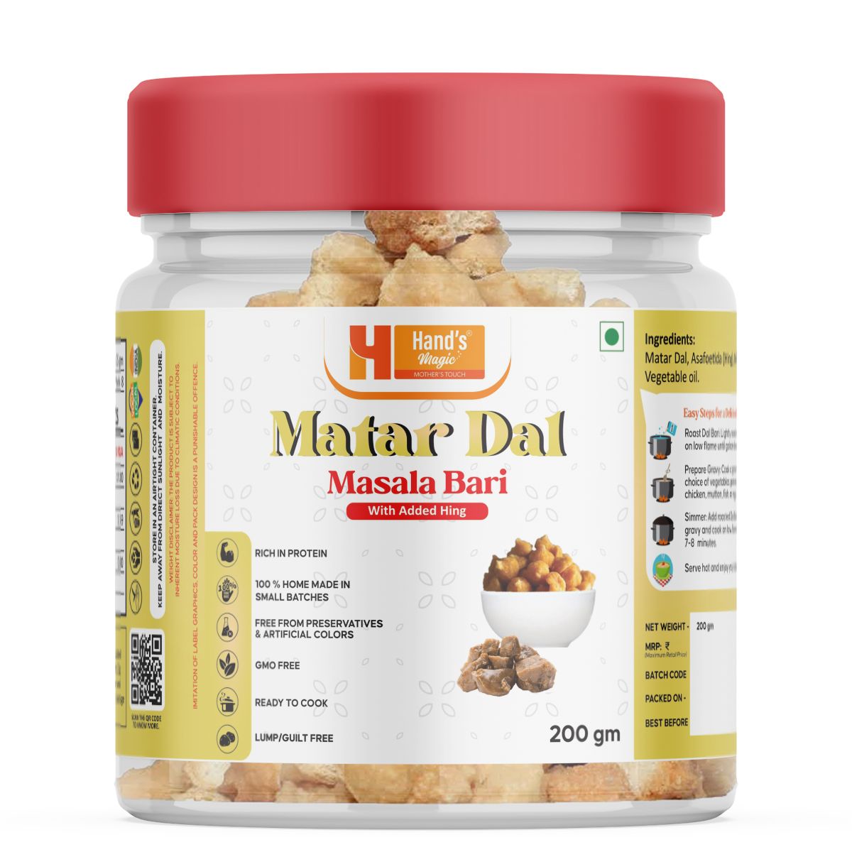 Hand’s Magic Matar Dal Hing - Masala Bari | High Protein | Ready to Cook | 100% Homemade | No Preservatives | Natural & Healthy | 200g