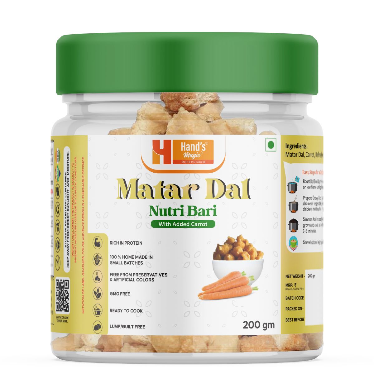 Hand’s Magic Matar Dal Carrot- Nutri Bari | High Protein | Ready to Cook | 100% Homemade | No Preservatives | Natural & Healthy | 200g