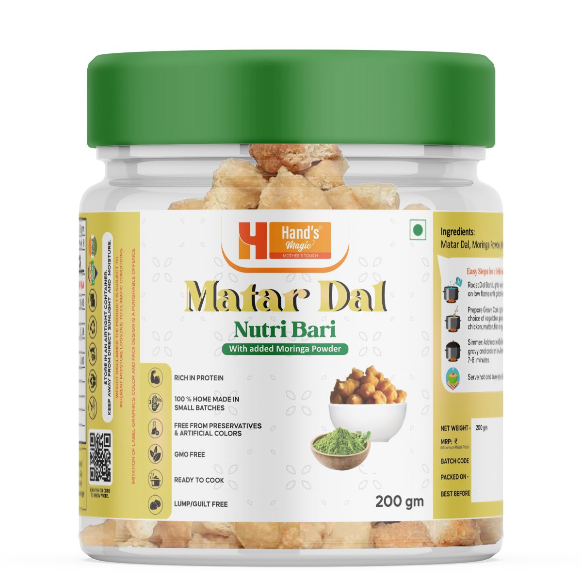 Hand’s Magic Matar Dal Moringa Powder - Nutri Bari | High Protein | Ready to Cook | 100% Homemade | No Preservatives | Natural & Healthy | 200g