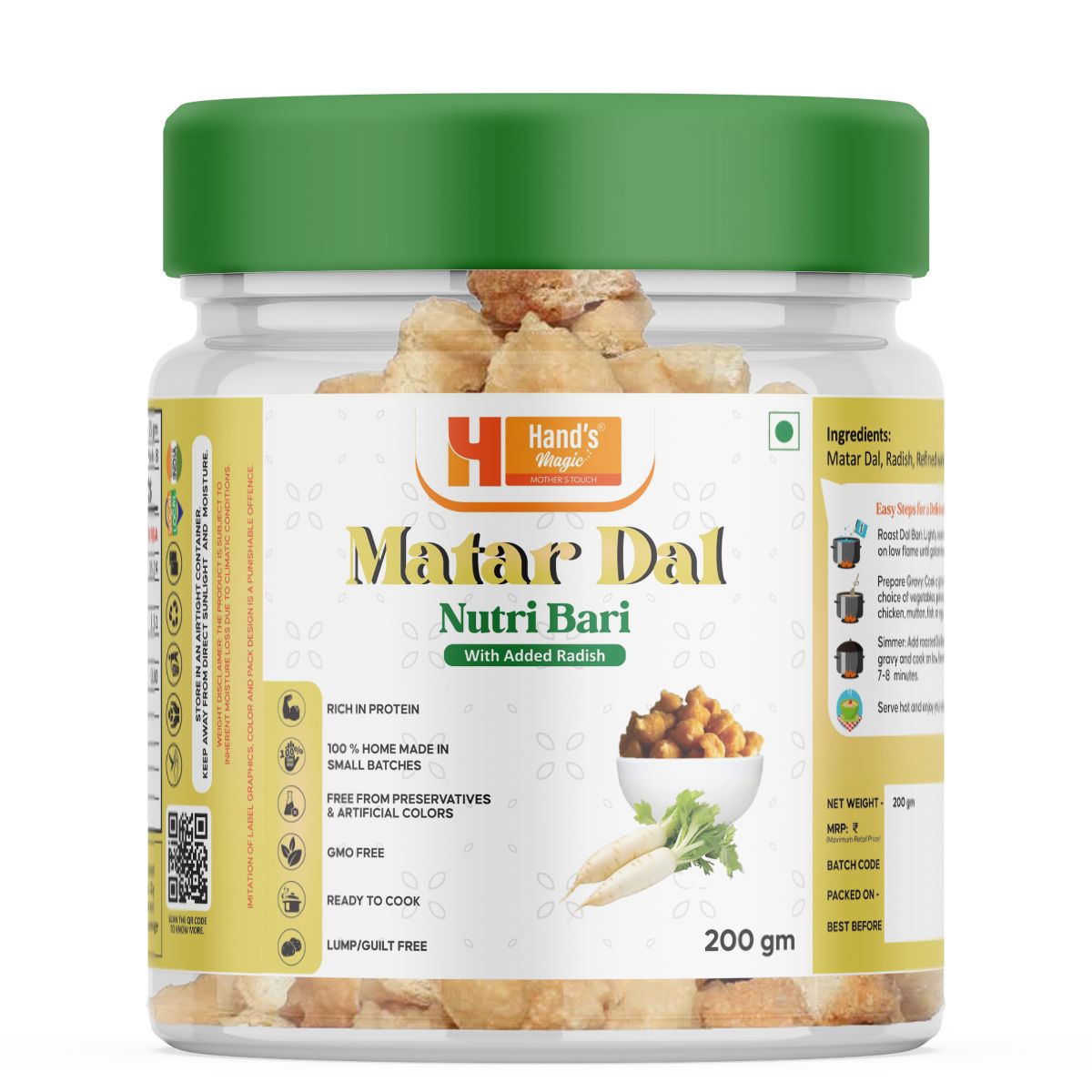 Hand’s Magic Matar Dal Radish - Nutri Bari | High Protein | Ready to Cook | 100% Homemade | No Preservatives | Natural & Healthy | 200g