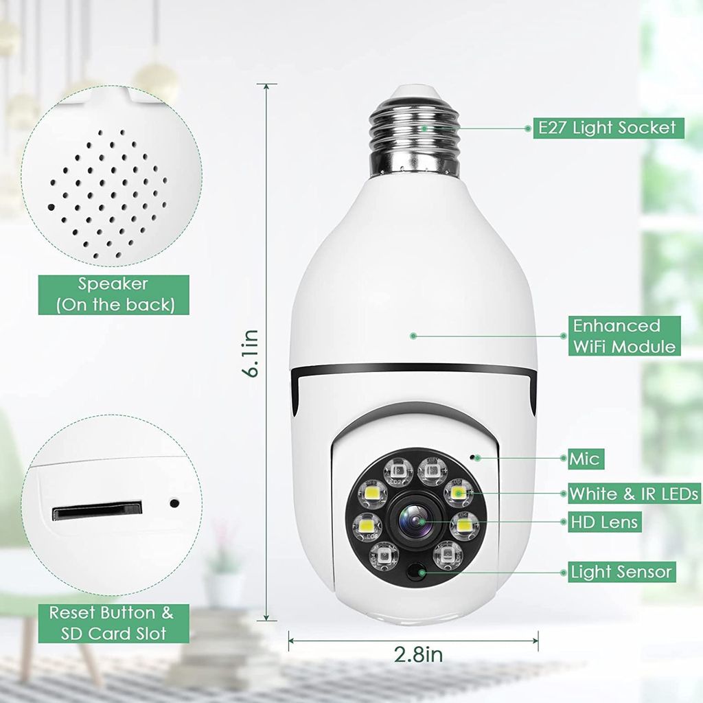 Latest 3MP Full HD Smart Wi-Fi CCTV Home Security Camera 360° with Pan Tilt Bulb Camera View & Talk 128GB SD Card Support (Not Included) Perfect for Home Office Monitoring (K-802)
