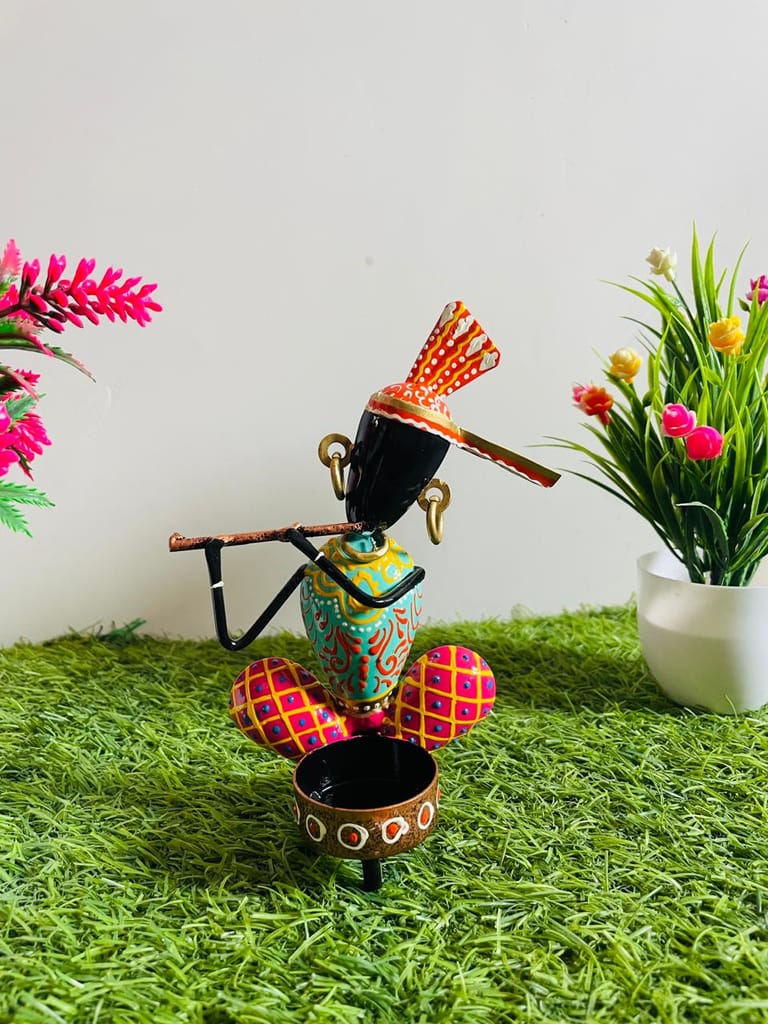 CHANDRA CRAFT HOUSE Rajasthani Pattern Krishna T-Light Holder | Wrought Iron Decorative Tealight Stand | Ethnic Krishna Design Candle Holder for Home Temple, Living Room & Festive Décor
