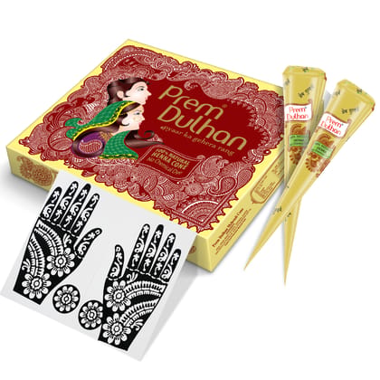 Prem Dulhan Brown Henna Cones Box 12 Pcs with Flower Stencil  Yellow