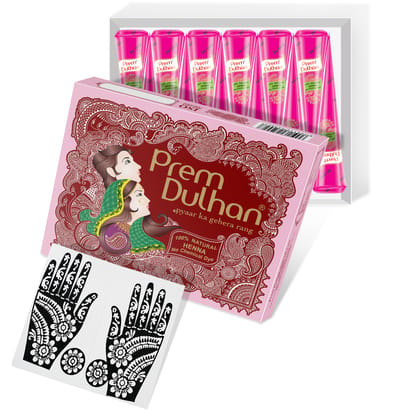 Prem Dulhan Brown Henna Cones Box 12 Pcs with Flower Stencil Pink Box