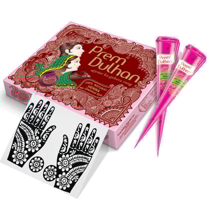 Prem Dulhan Brown Henna Cones Box 12 Pcs with Flower Stencil Pink Box
