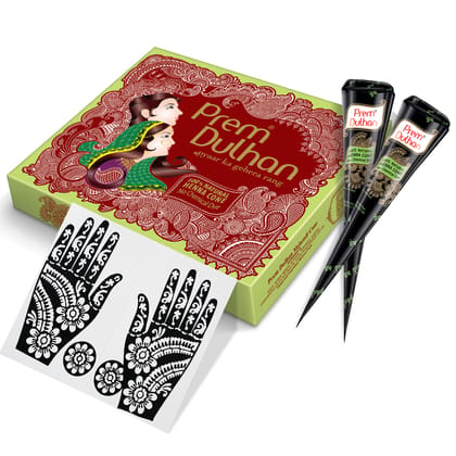 Prem Dulhan Brown Henna Cones Box 12 Pcs with Flower Stencils Green Box