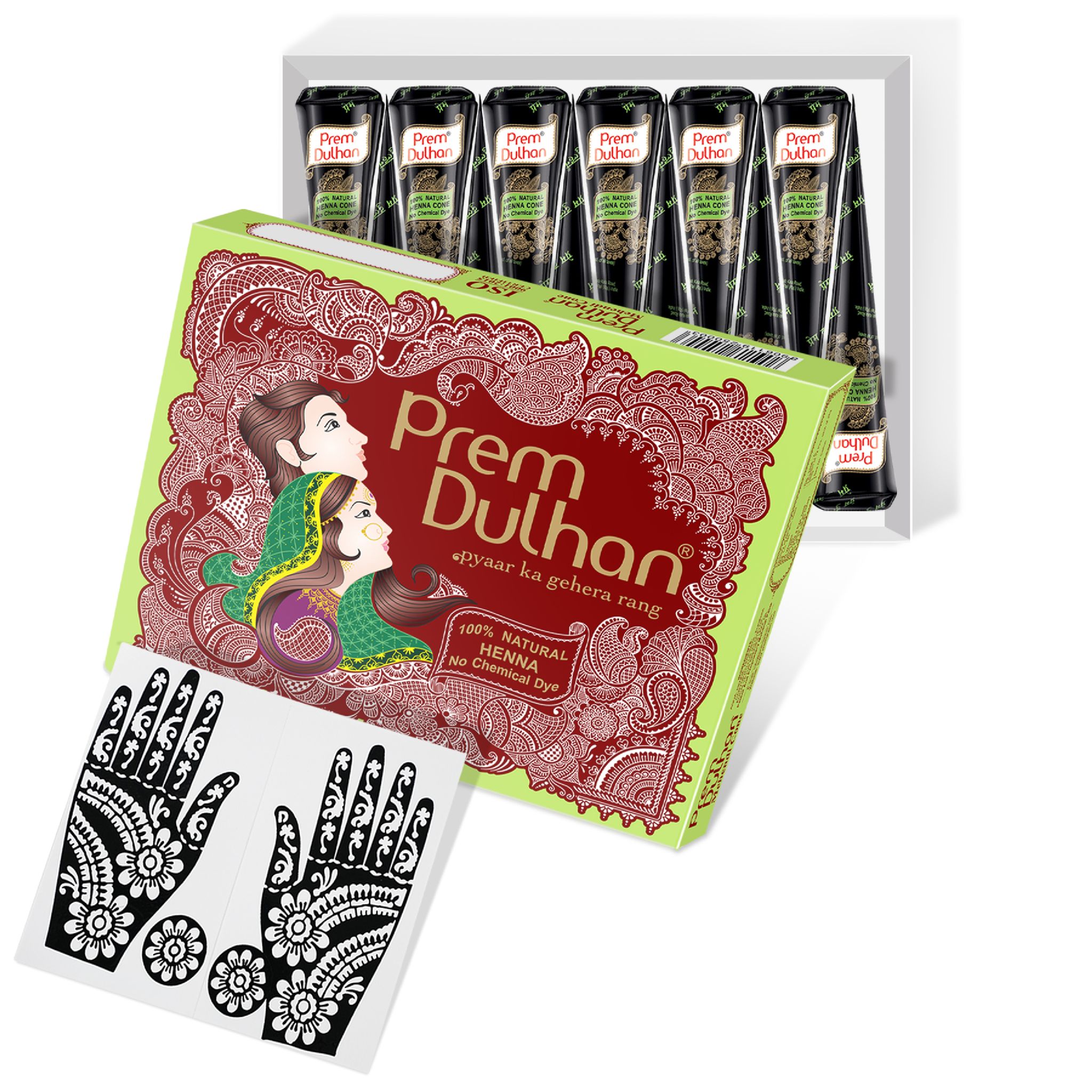 Prem Dulhan Brown Henna Cones Box 12 Pcs with Flower Stencils Green Box
