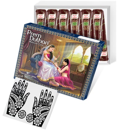 Prem Dulhan Brown Henna Cones Box 12 Pcs with Flower Stencil Blue Box Prem Dulhan Brown Henna Cones Box 12 Pcs with Flower Stencil Blue Box