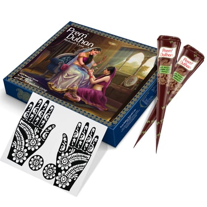 Prem Dulhan Brown Henna Cones Box 12 Pcs with Flower Stencil Blue Box