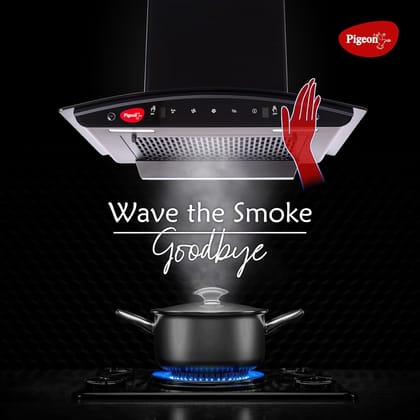 Pigeon Black Diamond 60 cm Curved Kitchen Chimney 1500 m3/hr suction |Touch & Gesture Control | Filterless Tech + Heat Auto Clean | 7 years warranty on motor| (Black)
