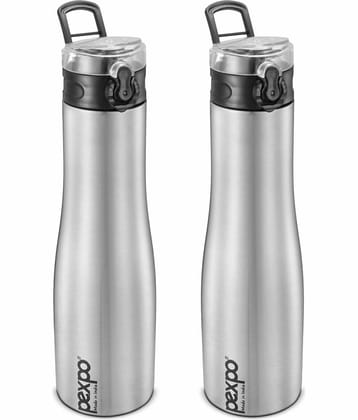 PEXPO 1000 ml Stainless Steel Sports Water Bottle, Push Button Cap (Set of 2, Silver, Monaco)