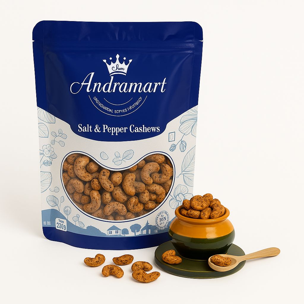 AndraMart  Solitaire Salt & Pepper Cashews  500 gm  | Kaju  | Munthiri | Masala Kaju | 2x250