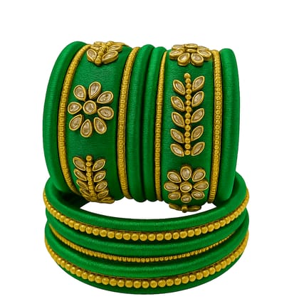 Handcrafted Green Silk Thread Bangles with Kundan and Golden Bead Work Handcrafted Green Silk Thread Bangles with Kundan and Golden Bead Work
