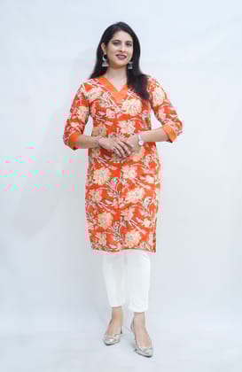 Women's pure cotton hand block floral printed orange kurta
