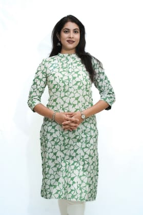 Women's pure cotton straight olive green::White color embellished kurta