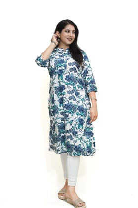 Women's pure cotton straight white::Blue floral printed embellished kurta