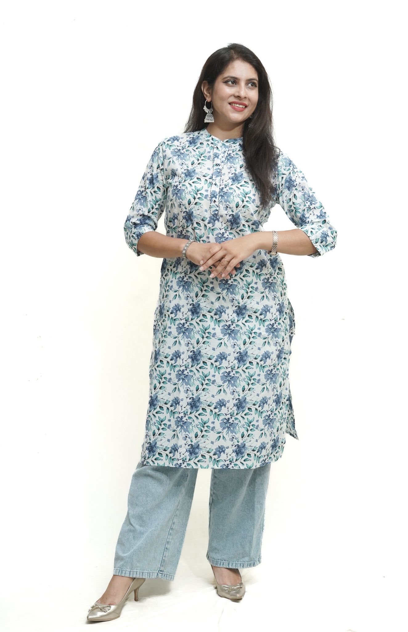 Women's pure cotton straight white::Blue floral printed embellished kurta