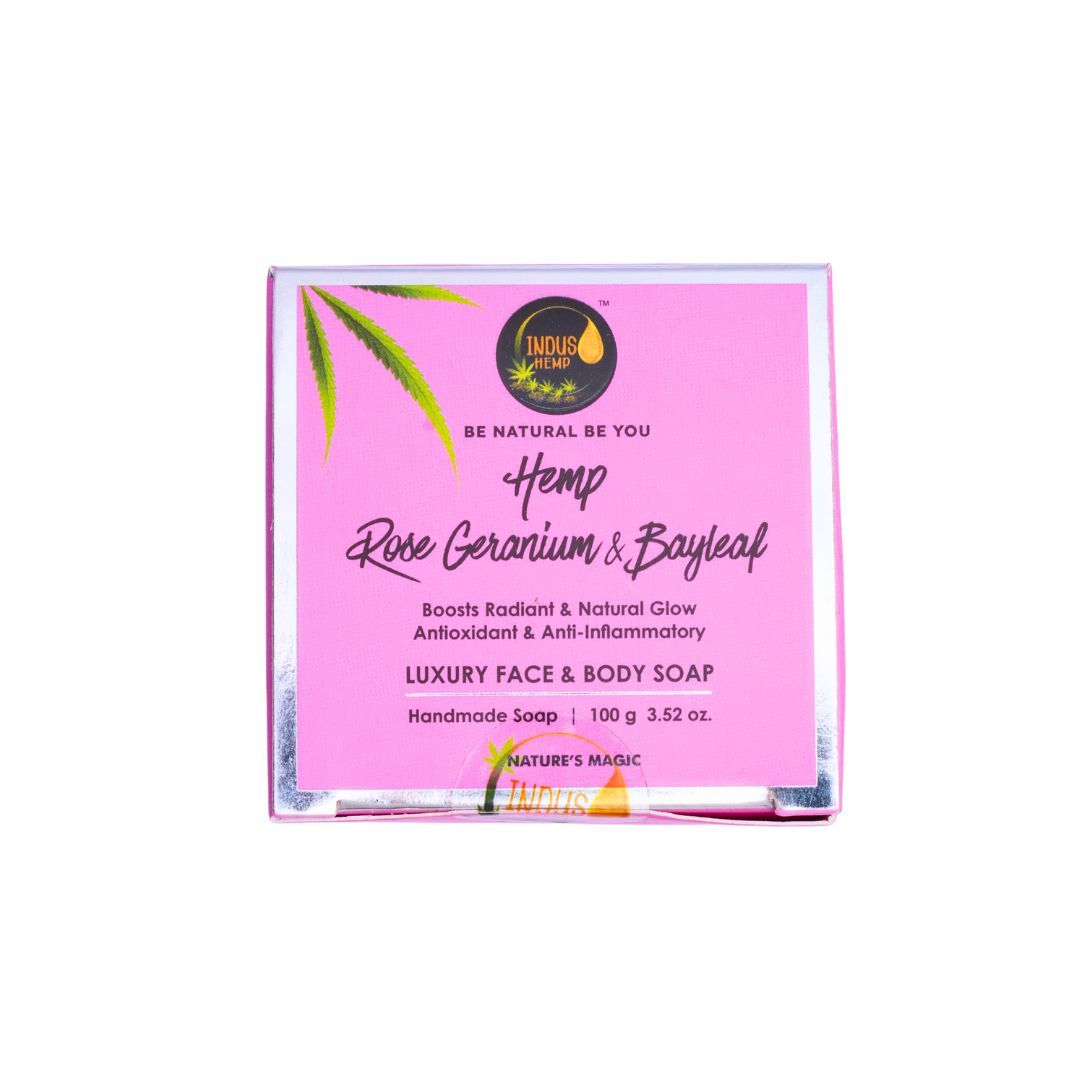 INDUS HEMP ROSE GERANIUM & BAYLEAF | LUXURY FACE & BODY SOAP|BOOSTS RADIANTS & NATURAL GLOW ANTIOXIDANT & ANTI-INFLAMMATORY| HANDMADE SOAP | 100G 3.52 oz