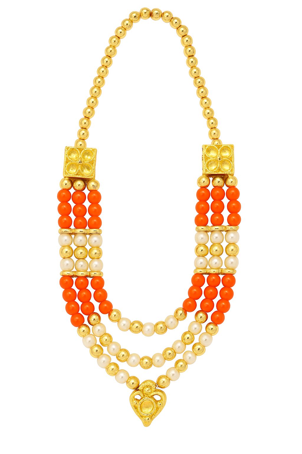 Exquisite Layered Necklace with Orange Beads, Pearls, & Gold Accents