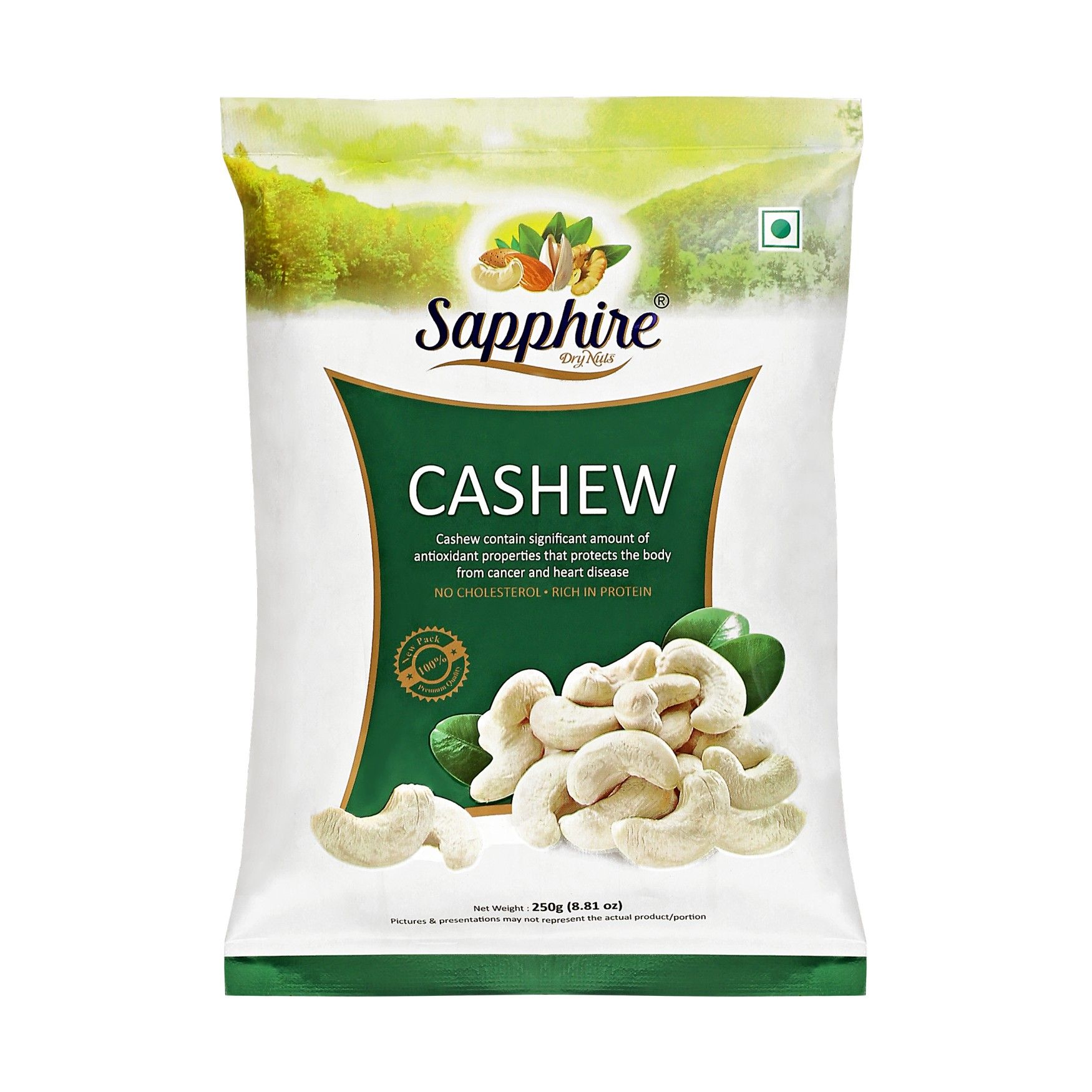 Sapphire Dry Nuts Plain Cashew 320 Grade Green Pouch 250gm 