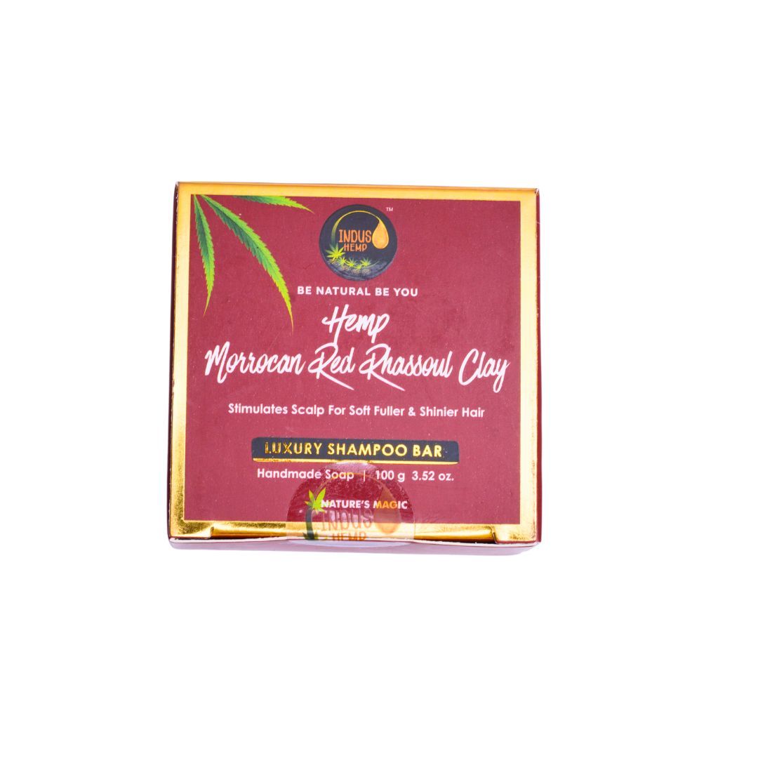 INDUS HEMP MOROCCAN RED RHASSOUL CLAY| LUXURY SHAMPOO BAR|STIMULATES SCALP FOR SOFT FULLER & SHINIER HAIR | HANDMADE SOAP| 100G 3.52 oz