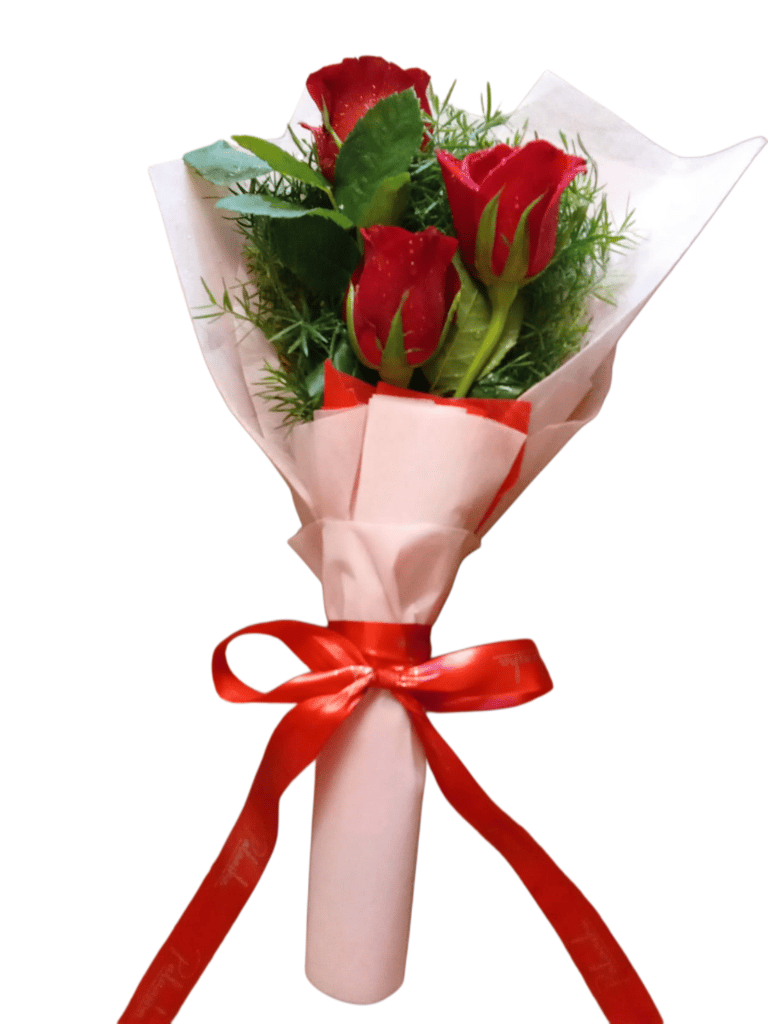 Charming Pink Wrap Bouquet with 4 Red Roses – Sweet & Romantic Floral Gift