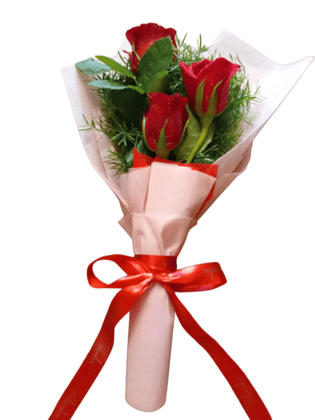 Charming Pink Wrap Bouquet with 4 Red Roses – Sweet & Romantic Floral Gift