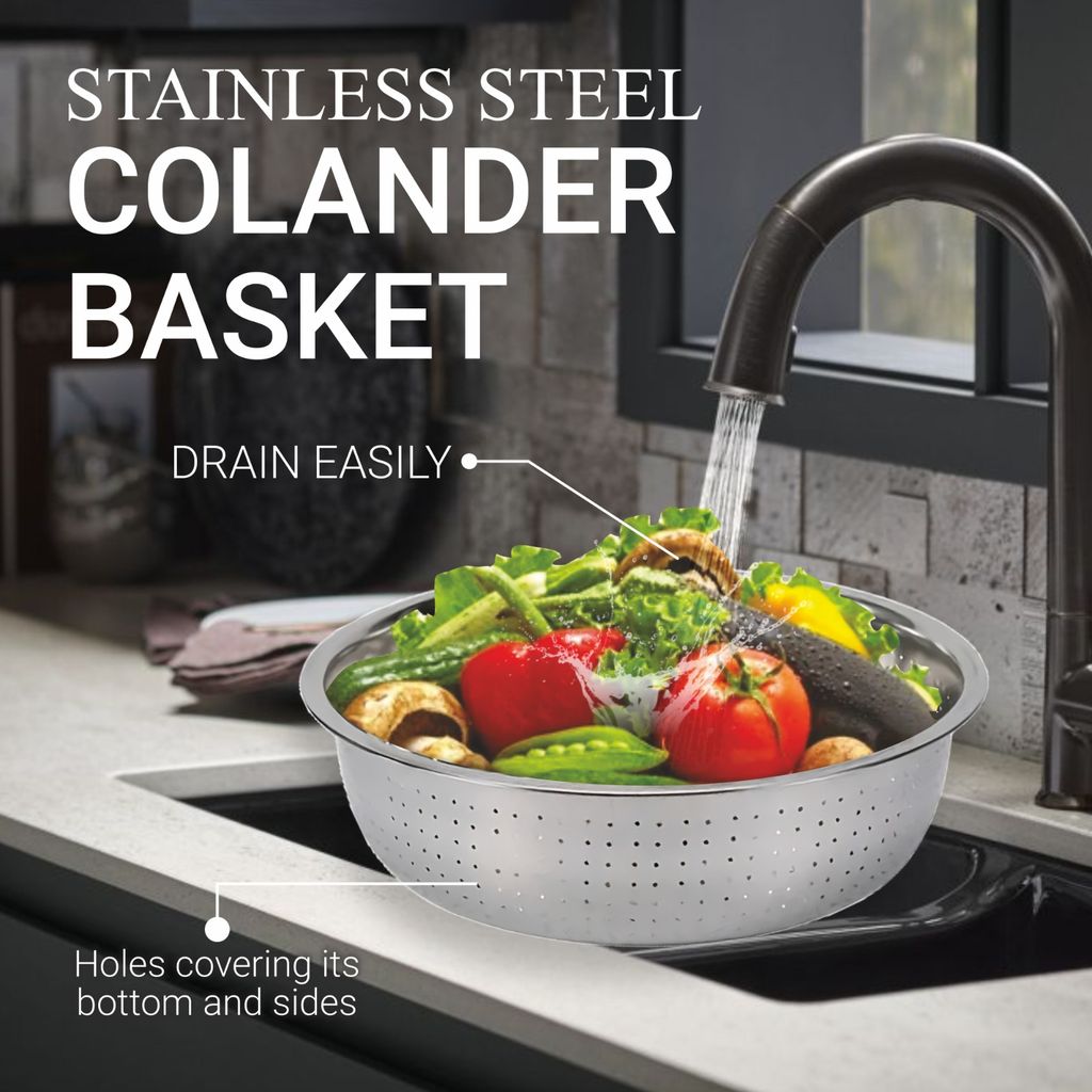 Prabha Colander Stainless Steel Strainer Sieves 30cm | Kitchen Strainer with Handle-Essential Kitchen | Colanders Bowl, Basket | Colander for Rice Straining Washing Fruits, Vegetables