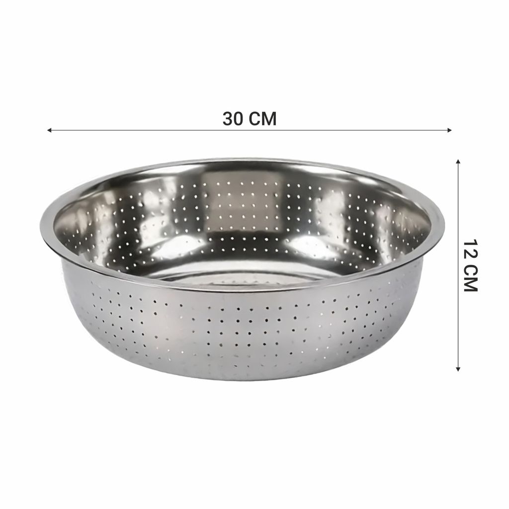 Prabha Colander Stainless Steel Strainer Sieves 30cm | Kitchen Strainer with Handle-Essential Kitchen | Colanders Bowl, Basket | Colander for Rice Straining Washing Fruits, Vegetables