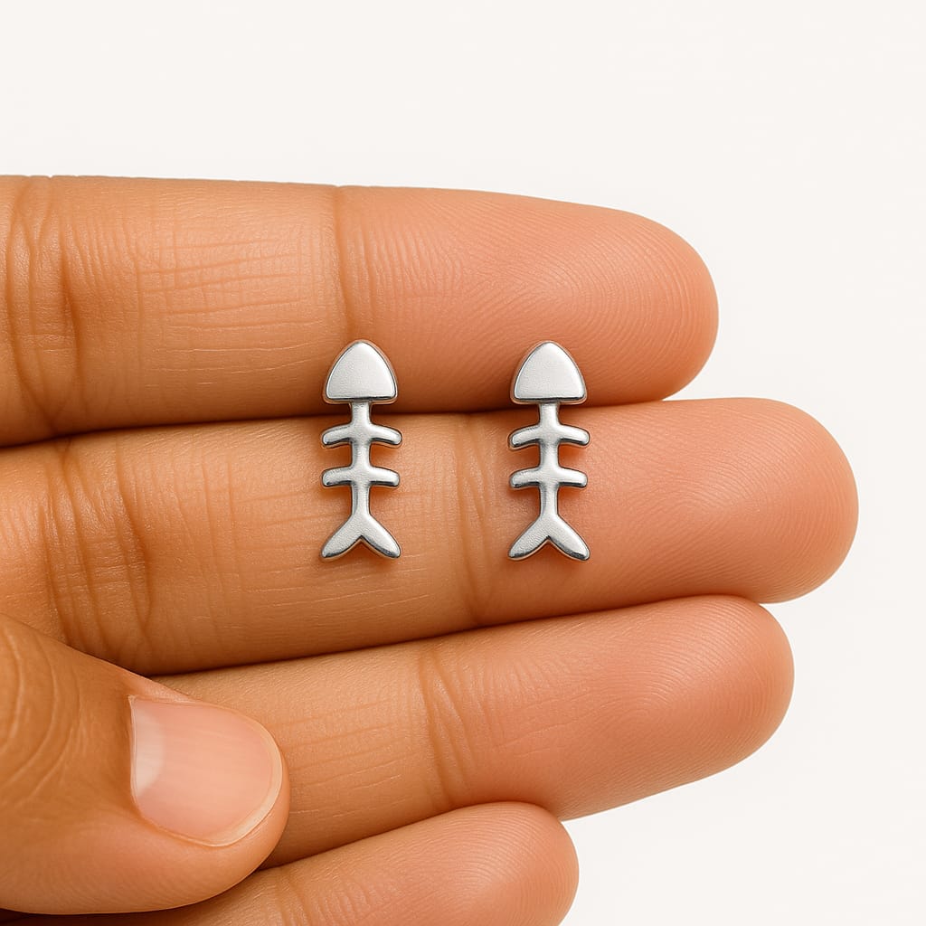 Fishbone Stud Earrings - Sterling Silver, Stylish & Unique