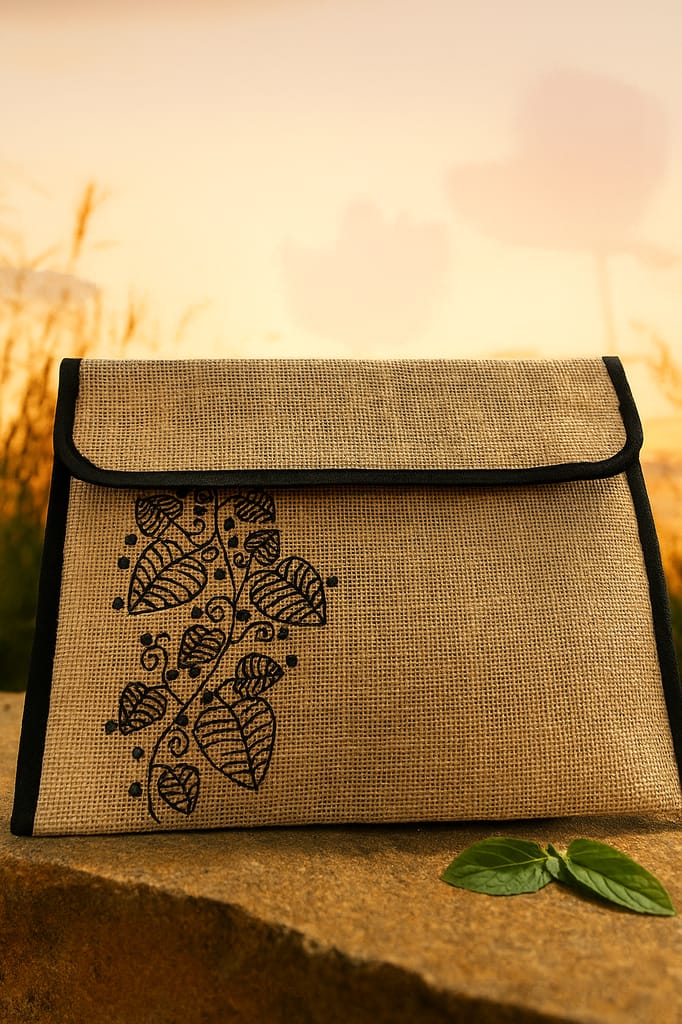 Handcrafted Jute Document Pouch with Leaf Motif
