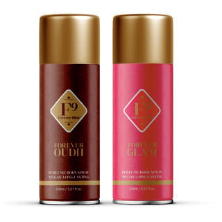 F9 Forever Glam and Oudh Long Lasting Freshness Deodorant Perfume Body Spray For Men and women (150ml2) Pack of 2
