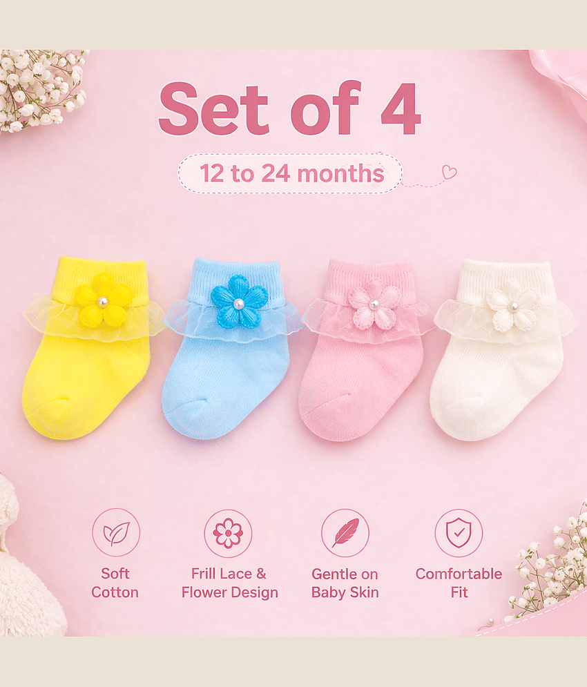 BBYARAJ Pack of 4 Baby Girls Polyester Ankle Length Socks ( Black )