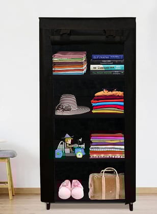 PHILOSHOP 4-Shelves Durable Metal Frame Modular Shoe Rack with 10-Inch Gapping in each Shelf  & 100 GSM Fabric in Black