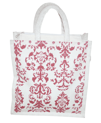 Elegant Jute Tote Bag with Red Damask Pattern