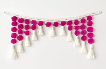 Handmade Wool Toran with Pink Pom-Poms and White Tassels – Decorative Door Hanging