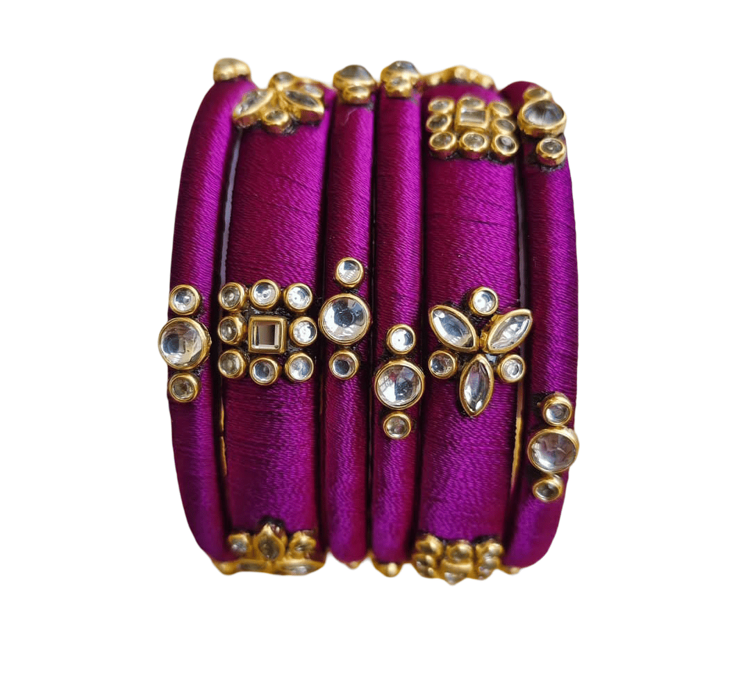 Purple Silk Thread Bangles with Gemstone Embellishments