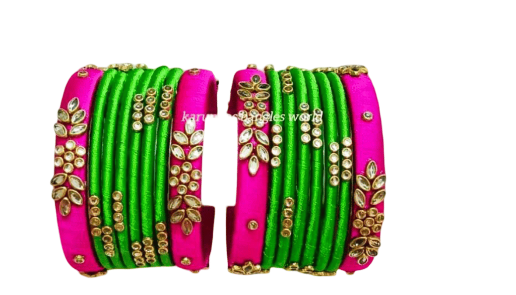 Pink and Green Silk Thread Bangles with Stone Embellishments
